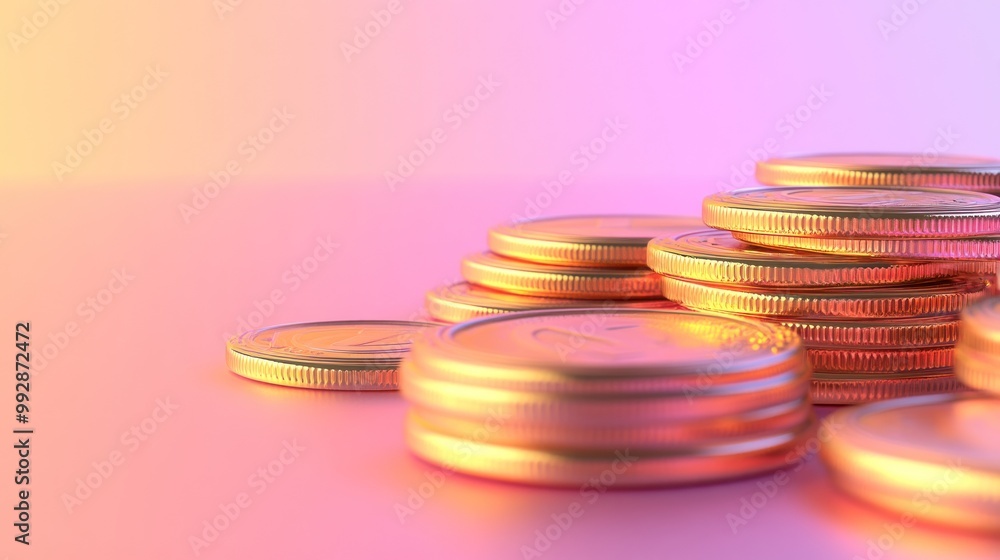 Poster a close-up view of stacked coins reflecting light in a colorful gradient background.