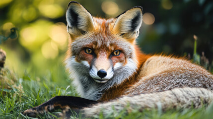 A fox is laying down in the grass