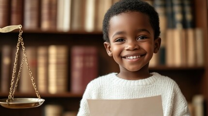 Cute dark skinned child smiling and holding court paper on table scales