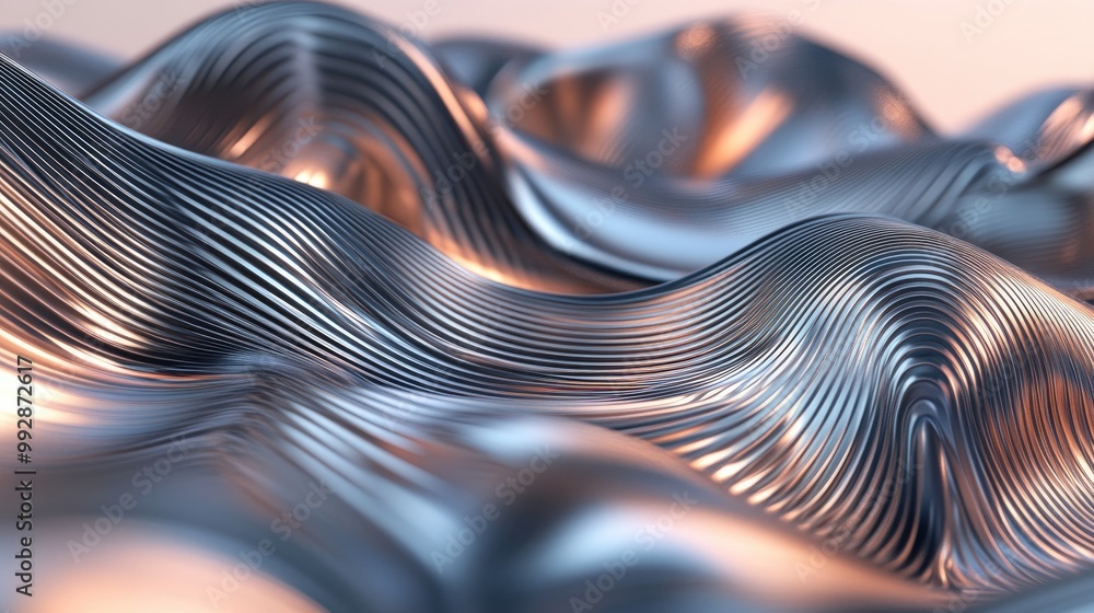 Poster flowing stream of curved 3d lines design features metallic lines shifting within a plexus creating a