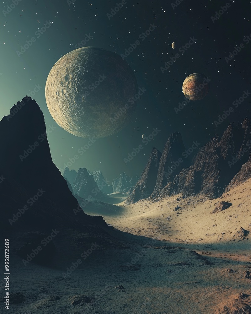 Aufkleber planets in a vast deep space setting illuminated by starlight featuring a 3d rendered science fictio