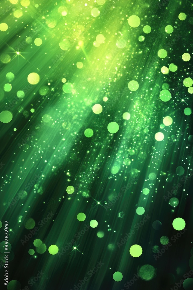Poster abstract green background featuring sparkling circles and a glossy finish light rays create an illum