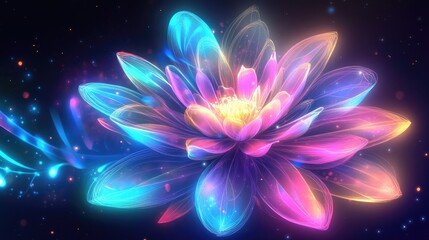 Glowing neon 2D cartoon style cosmic flower illustration