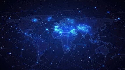 Fototapeta premium Futuristic dotted map design featuring glowing outlines of stars lines and dots Illustrates communication and internet technologies on a dark blue space backdrop 2D cartoon imagery