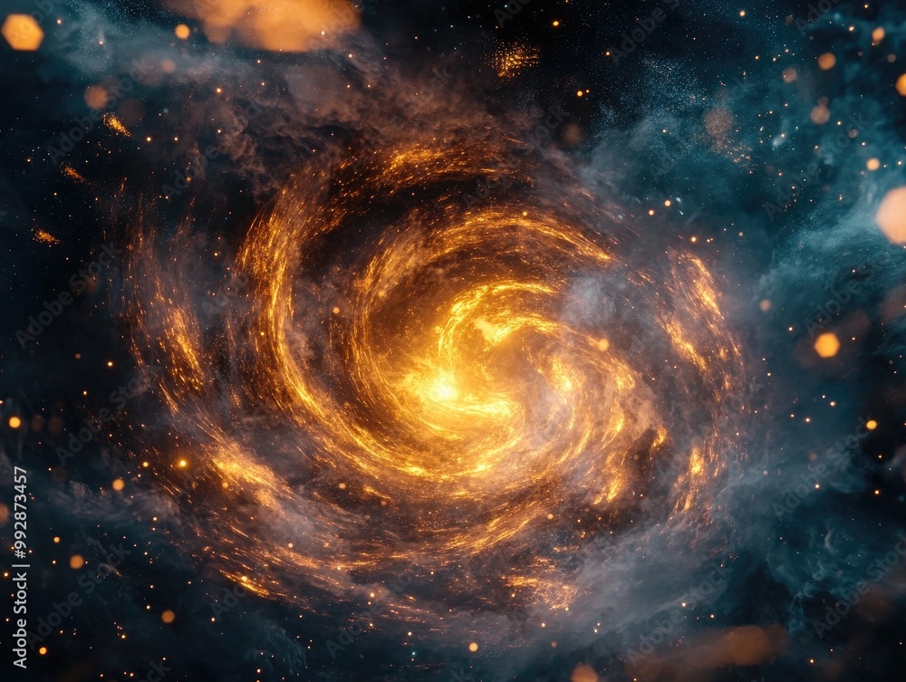 Poster fantasy portal effect with swirling smoke and floating particles created through 3d rendering techni