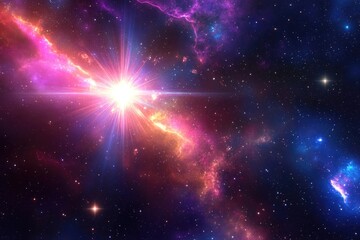 Vibrant star illuminating the depths of space with a colorful lens flare banner 3x1 3D illustration