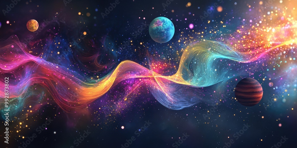 Poster colorful abstract background featuring luminous shapes and wave designs a burst of stars against a c