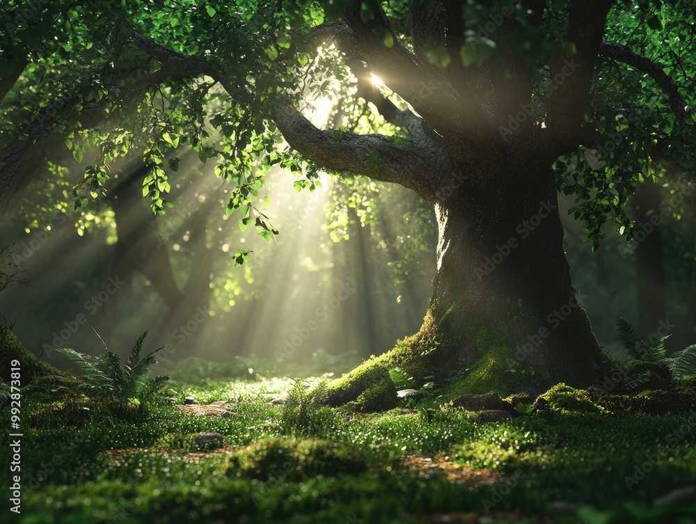Poster enchanted forest scene with sunlight filtering through tree branches ethereal trees amid greenery sh