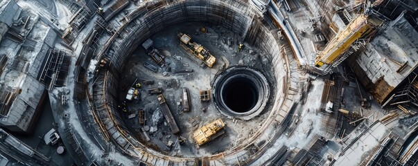 Fototapeta premium Detailed aerial view of a new underground metro line being constructed, showing tunnel boring machines and the complex network of tunnels