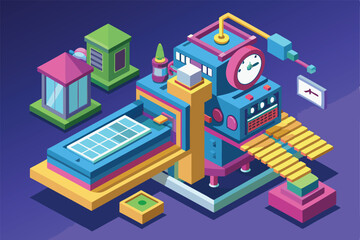 Fototapeta premium A colorful isometric representation of a time machine surrounded by various futuristic elements and structures, Customizable isometric illustration of a time machine.