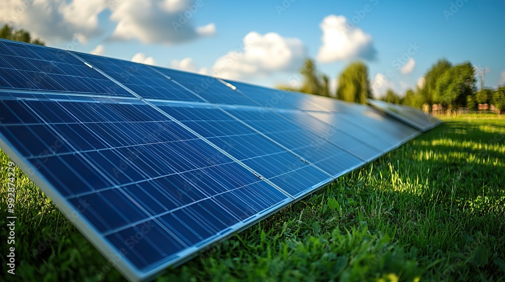 Wall mural a landscape of solar panels in a photovoltaic power plant symbolizes the role of environmentally fri