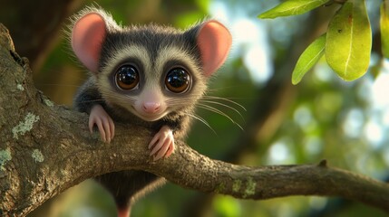 Fototapeta premium A cute, animated creature with large eyes perched on a tree branch amidst foliage.
