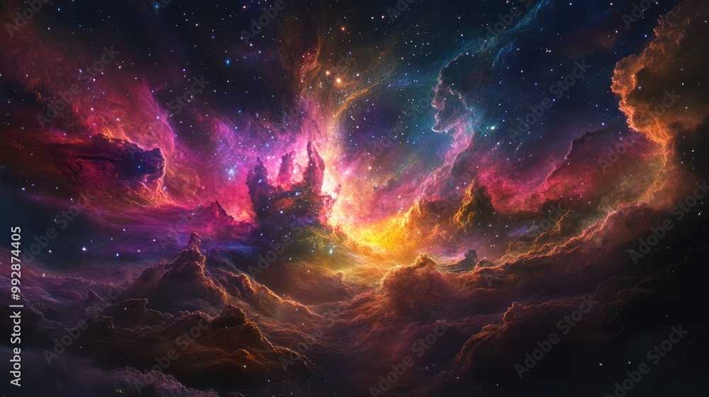 Poster cosmic landscape featuring vibrant nebulae and distant galaxies creating a stunning celestial scene 