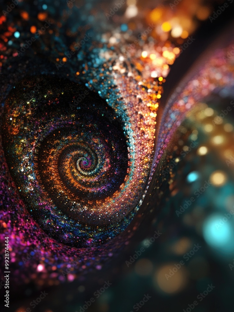 Poster abstract colored fractal in a 3d rendering on a dark background