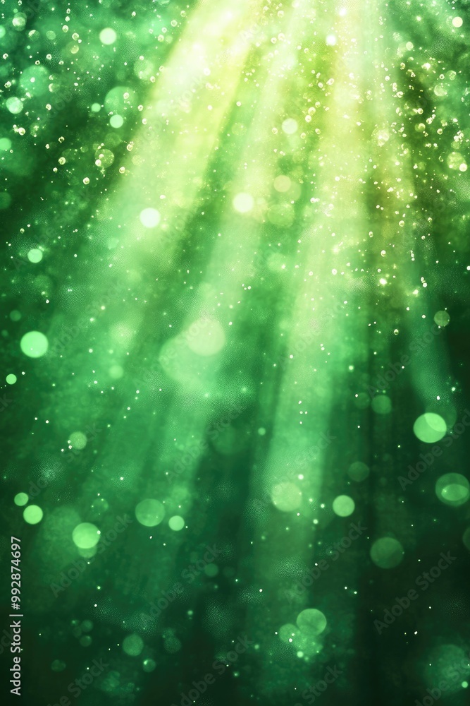 Poster abstract green background featuring sparkling circles and a glossy finish light rays create an illum
