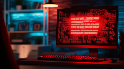 Computer screen showing red ransomware warning message in home office setting, highlighting cybersecurity threats and digital safety concerns