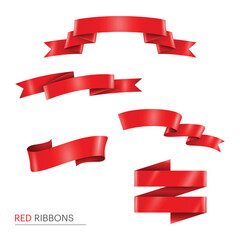 Set of decorative red ribbons isolated on white Vector illustration