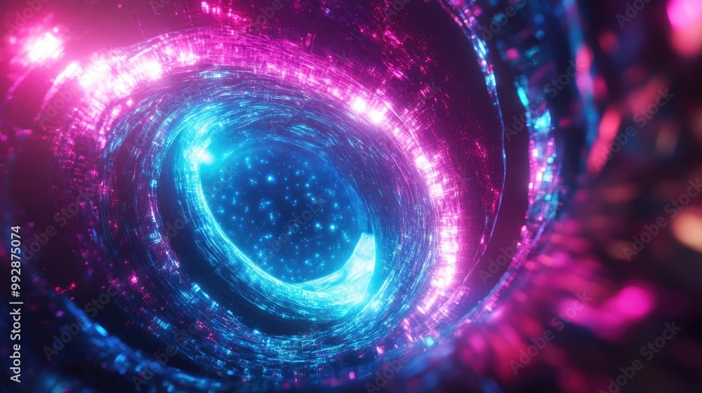 Poster vibrant neon glowing energy singularity in a cosmic setting featuring a computer generated abstract 