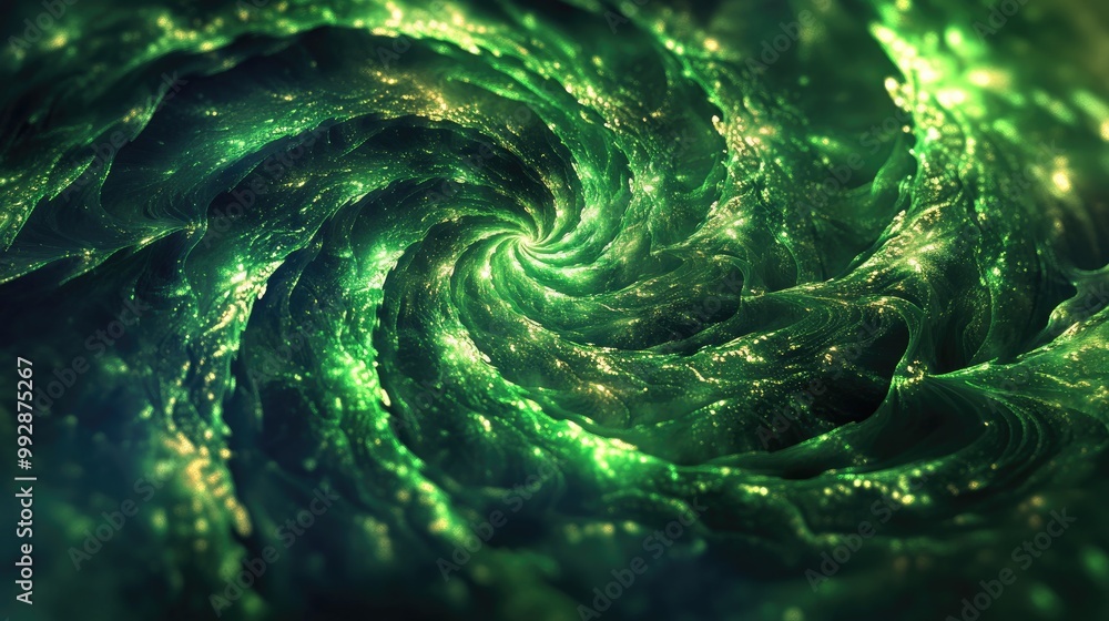 Poster enchanting green glowing spiral fractal with dynamic paths digitally created abstract backdrop 3d vi