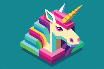 Obraz premium A whimsical unicorn design with vibrant colors and geometric shapes, perfect for customization and fun, Customizable isometric illustration of a unicorn head