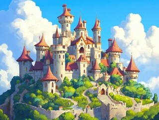 Fantasy castle on a hilltop featuring a medieval design with towers Enchanting landscape of a whimsical kingdom in a vibrant 2D cartoon style
