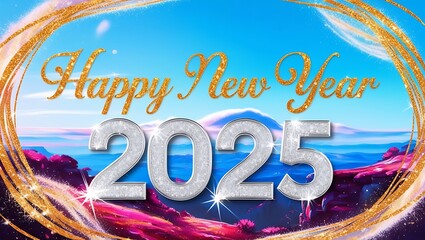 Celebrate the arrival of 2025 with a stunning Happy New Year 2025 image set against a breathtaking view. The words “Happy New Year 2025” are beautifully written in a natural or urban landscape