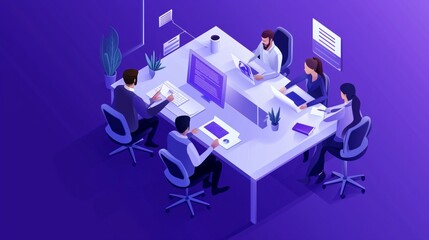 Isometric team of specialists working on digital marketing strategy landing page. Digital marketing, digital technologies concept. Blue violet background. Vector 3d isometric illustration.