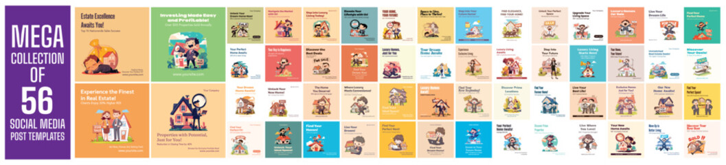 Fototapeta premium Mega collection of 56 social media post design template. Used for property agent advertising