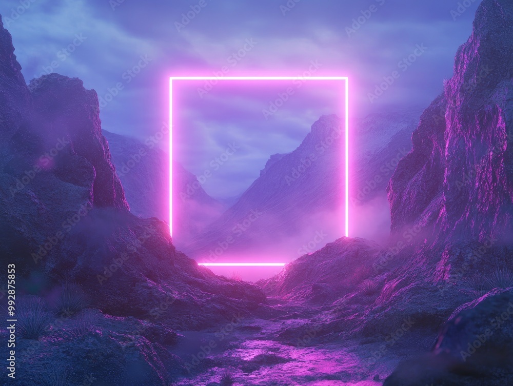 Aufkleber abstract fantasy landscape featuring mountainous terrain and a glowing neon square at dusk 3d render