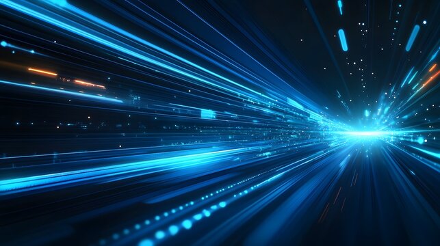 Vector Abstract, science, futuristic, energy technology concept. Digital image of light rays, stripes lines with blue light, speed and motion blur over dark blue background. 