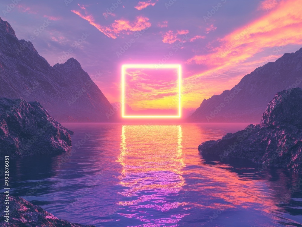 Aufkleber surreal landscape featuring mountains water and a sky horizon at dusk highlighted by a luminous neon