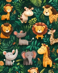 Fototapeta premium Adorable cartoon style jungle animals designed as wild creatures perfect for background illustrations or zoo themed projects