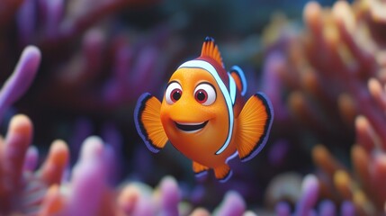 Obraz premium A vibrant animated clownfish swimming among colorful coral.