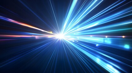 Vector Abstract, science, futuristic, energy technology concept. Digital image of light rays, stripes lines with blue light, speed and motion blur over dark blue background. 