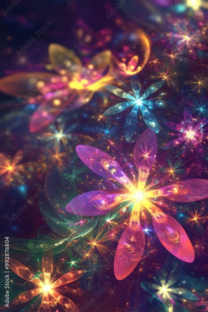 Poster colorful abstract design featuring fractals and stars ideal for use in textiles wrapping paper book 