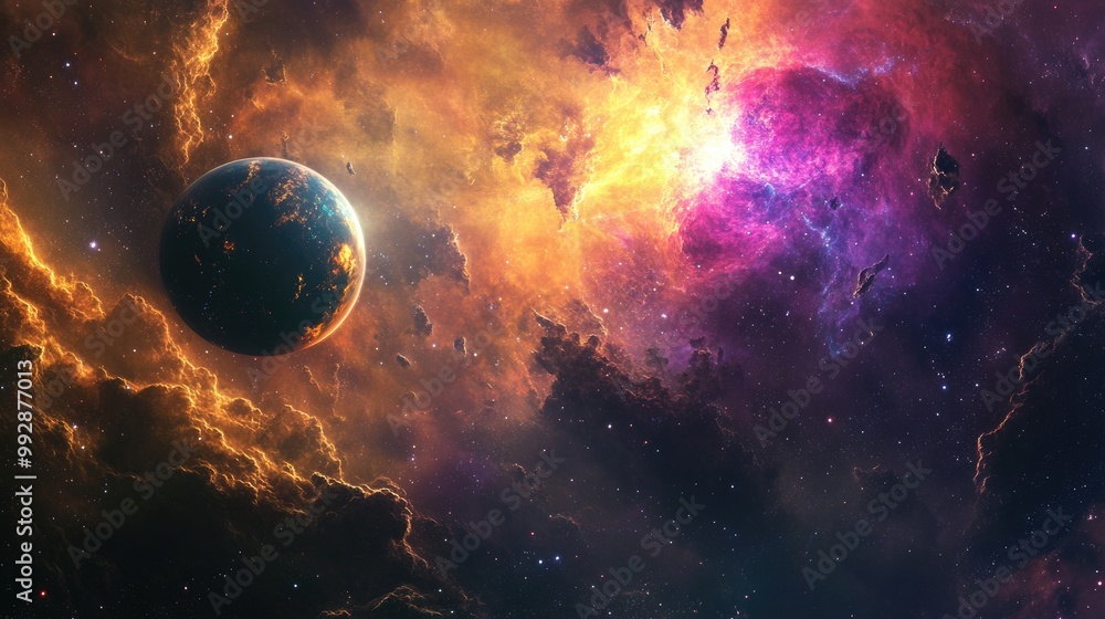Poster celestial bodies of a planet and galaxy in open space featuring a vibrant nebula gas cloud in the de