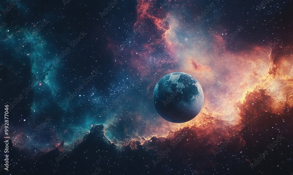 Poster celestial scene depicting a planet accompanied by a moon in a cosmic setting showcasing vivid colors