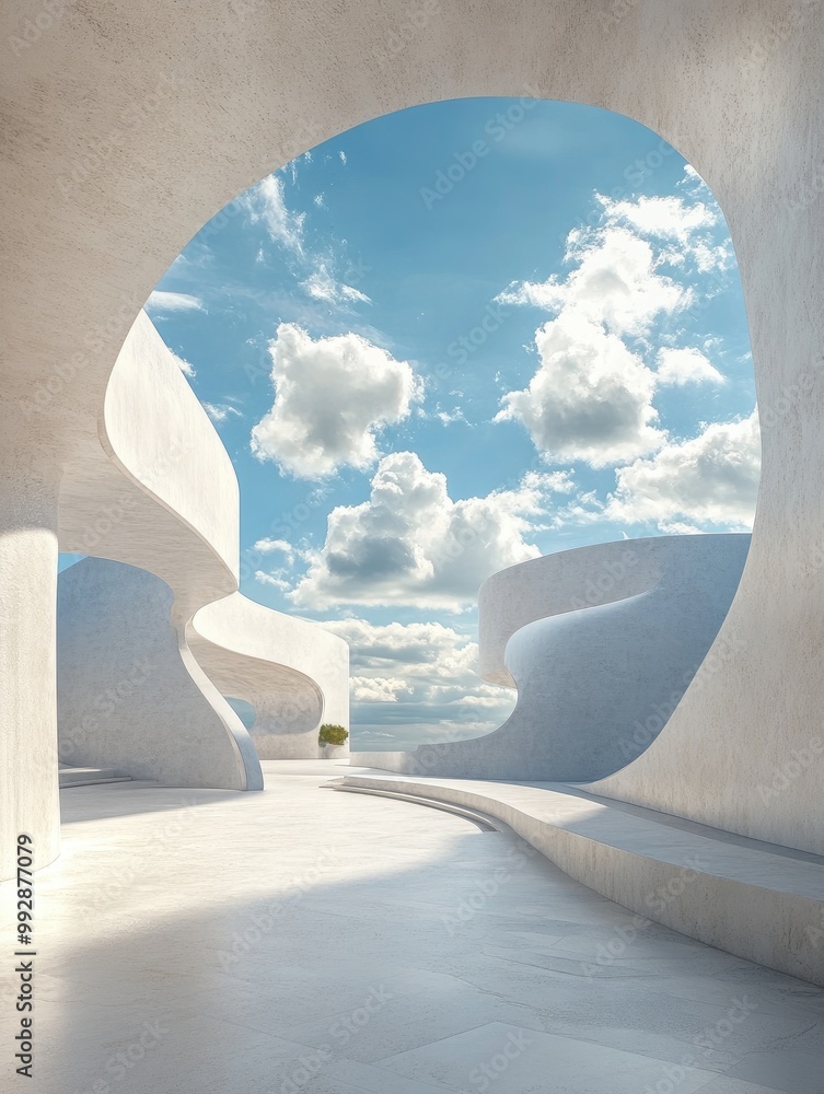 Poster surreal 3d rendering of white minimal architecture showcasing geometric shapes featuring an imaginat