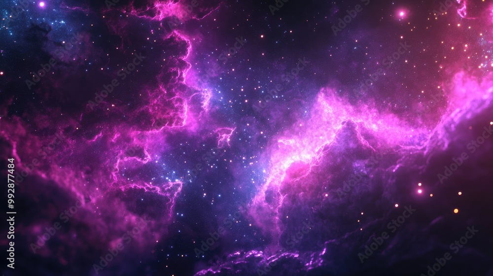 Poster fantasy nebula in deep space featuring a 2d cartoon background with flares and shiny entities creati