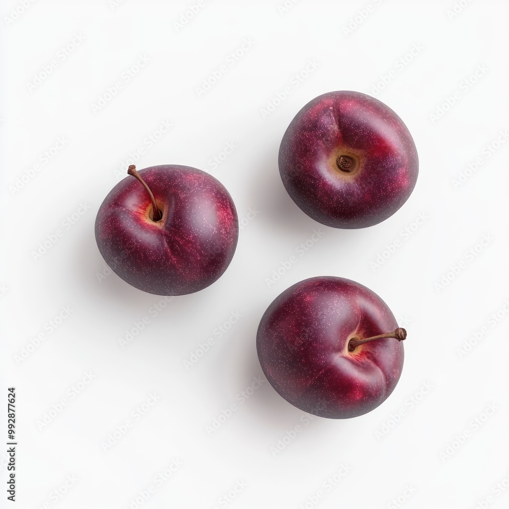 Wall mural Three red plums arranged on a white background, showcasing their smooth texture and color.