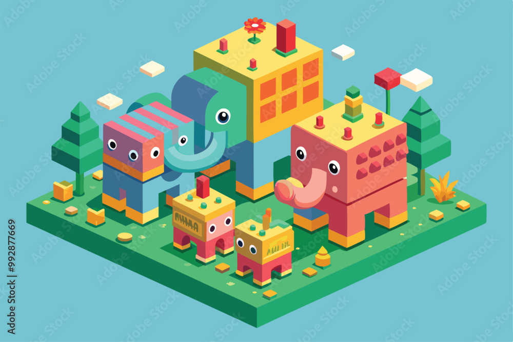 Aufkleber a colorful display of customizable elephants interacting with geometric blocks in a whimsical settin