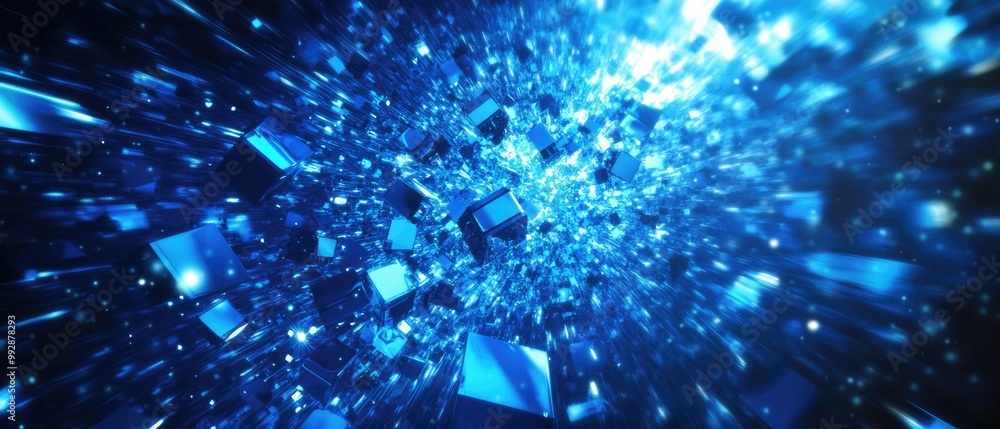Poster abstract blue digital technology backdrop featuring a multitude of randomly arranged glowing rectang