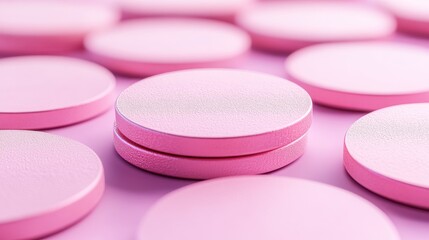 A collection of pink circular tablets arranged on a surface.