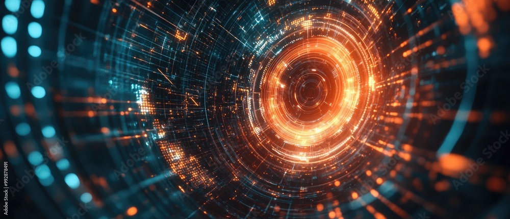 Poster abstract futuristic background with circular elements evoking a sense of science fiction and modern 