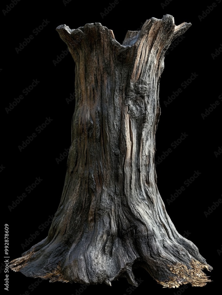 Poster fantasy 3d rendering of a dry tree stump on a black background