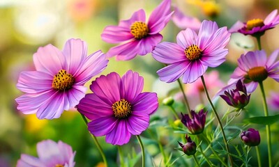 Close-up of vibrant pink cosmos flowers with yellow centers in a garden setting.
