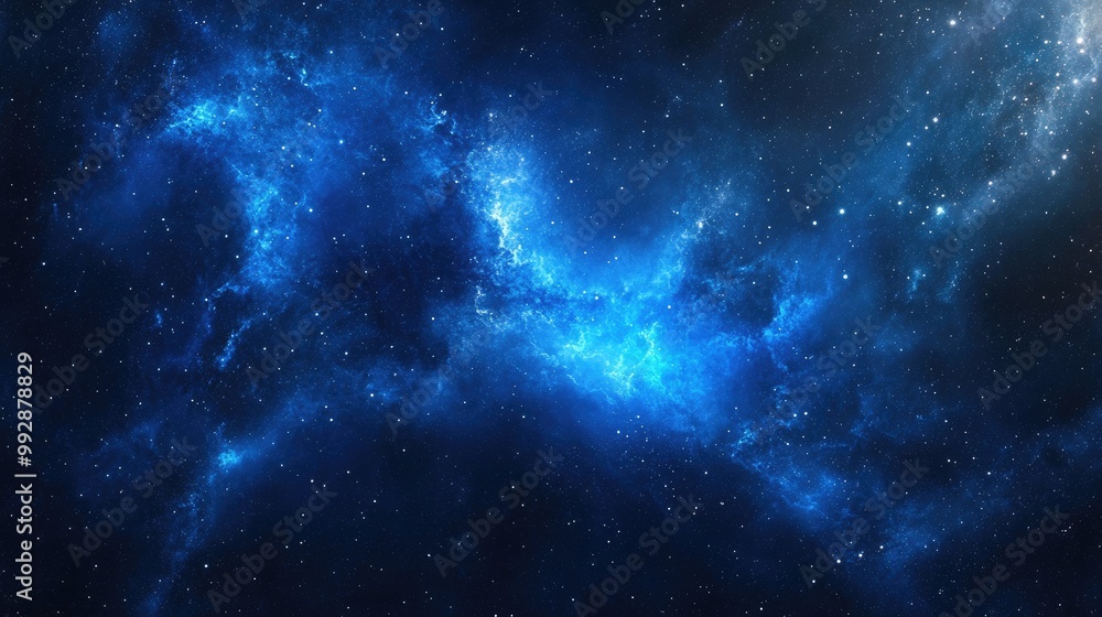 Poster cosmic nebula and starry background in shades of blue creating an abstract outer space scene