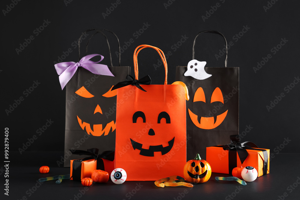 Sticker Halloween shopping bags with gift boxes and candies on black background