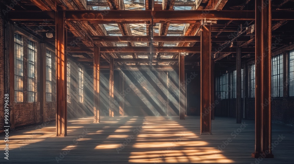Poster an empty industrial space with beams and sunlight creating dramatic shadows.