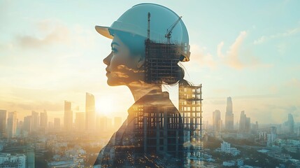 Double exposure of the Business woman in engineering standing against build structure and futuristic world. Concept of engineering, construction, smart city and communication